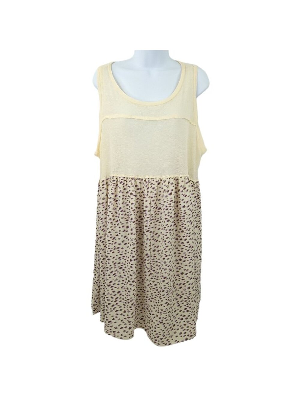 Umgee Boho Dress L Cream Sleeveless Leopard Print Animal Mixed Media Linen Blend